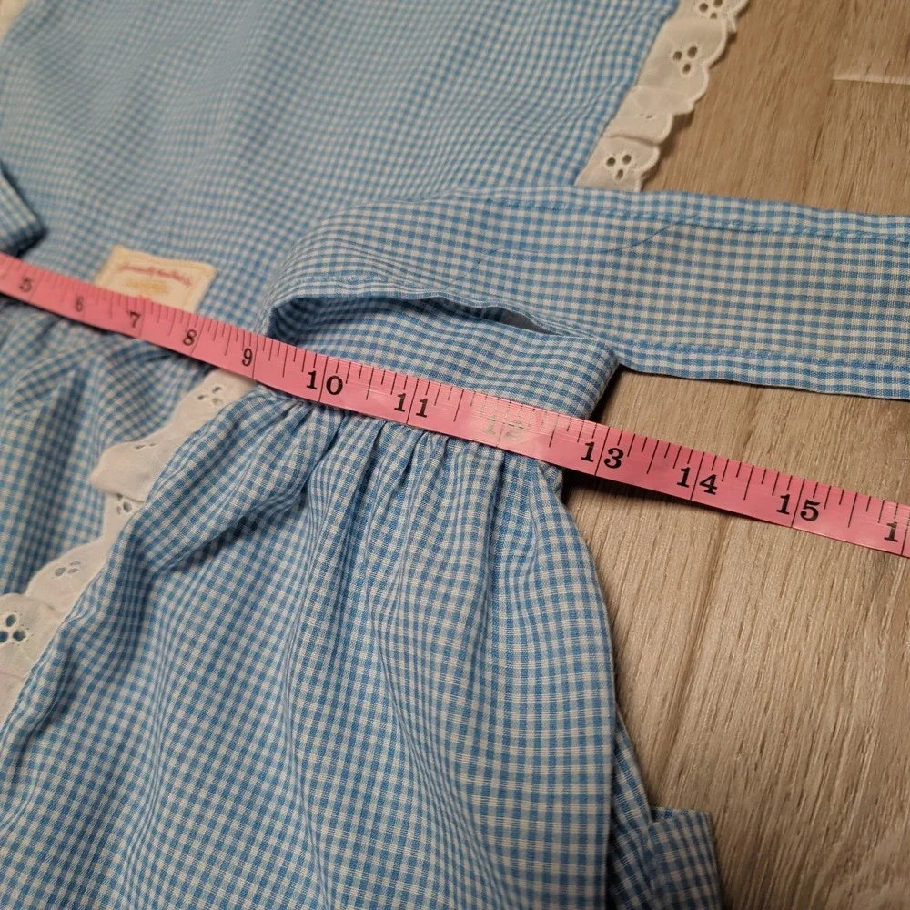 Vintage Handmade Prarie Style‎ Blue Apron Gingham Pinafore Lace Trim Pockets